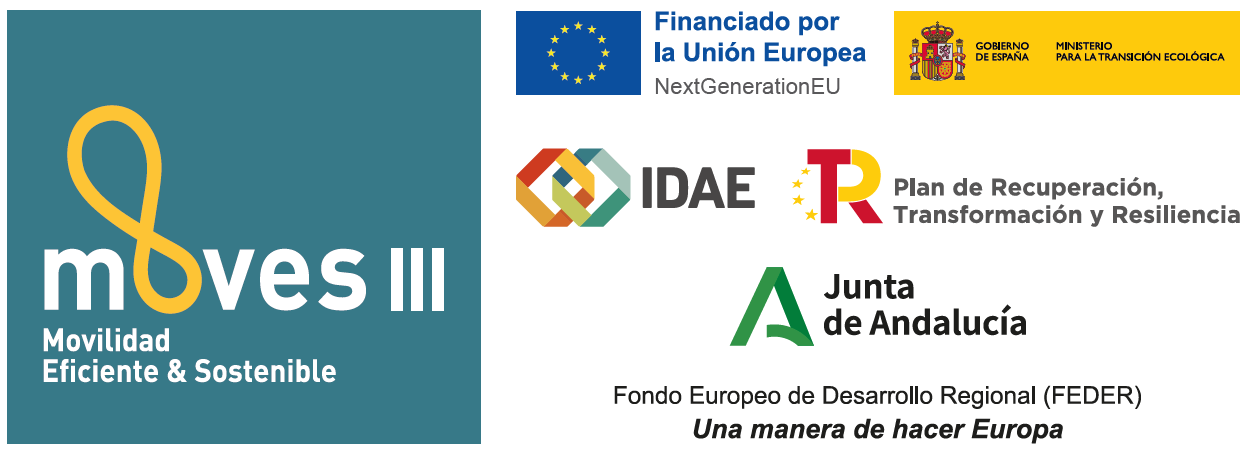 Logotipos de MOVES III, Financiado por la Unión Europea NextGenerationEU, Ministerio para la Transición Ecológica, IDAE, Plan de Recuperación Transformación y Resiliencia, Junta de Andalucía y Fondo Europeo de Desarrollo Regional